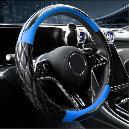 Couslcd 14.5-15 Inch Leather Steering Wheel Cover with Soft Padded Lining, Anti-Slip Comfort Grip, Universal Steering Wheel Protector for Most Cars, SUVs, Trucks (Blue)