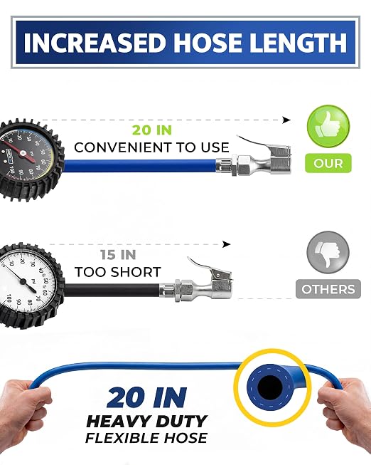 Tire Inflator with Pressure Gauge and Longer Hose - Most Accurate, Heavy Duty Air Chuck with Gauge for Air Compressor Tire Inflator Attachment - 100PSI