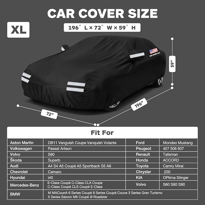 Sedan Car Cover, Full Car Cover Waterproof All Weather Dustproof, Snowproof, UV Protection Outdoor Car Covers for Automobiles Universal Fit for Sedan Car Cover Size 196''L x 72''W x 59''H