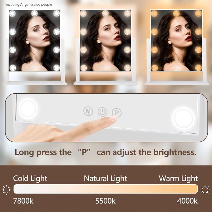 Lighted Makeup Mirror, Hollywood Vanity Mirror with 9 LED Bulbs, 3 Color Lights, and Detachable 10X Magnification Mirror, 1200mAh Rechargeable, Touch Control, 360°Rotation, White 14.05" * 12"