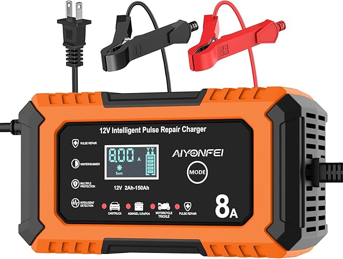 12V Battery Charger 8-Amp Smart Trickle Charger, Orange | Battery Maintainer and Desulfator, Temperature Compensation, for Car, Truck, SUV, Motorcycle, Boat, Lead Acid, LiFePO4