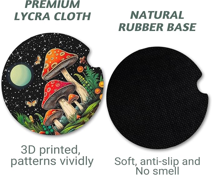 Yonlevres Car Coasters for Cup Holders，2.75" Anti Slip Rubber Mat with A Finger Notch, 2 Pack Car Cup Holder Coasters for Car Interior Accessories for Women Men Mushroom