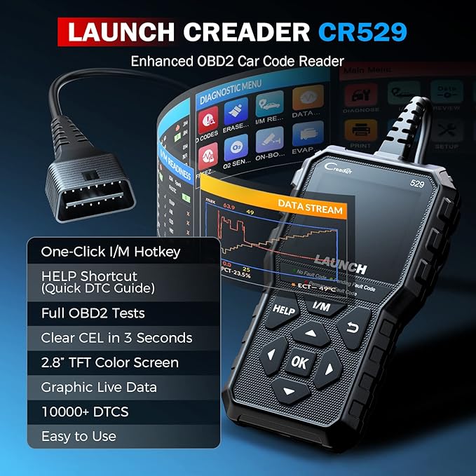 Launch CR529 OBD2 Diagnostic Scan Tool Code Reader for Car After 1996 | Check Egine Light, Read and Clear Codes, One Click 1/M, for DIYers, Lifetime F-ree Updates, 5 Yrs Backup