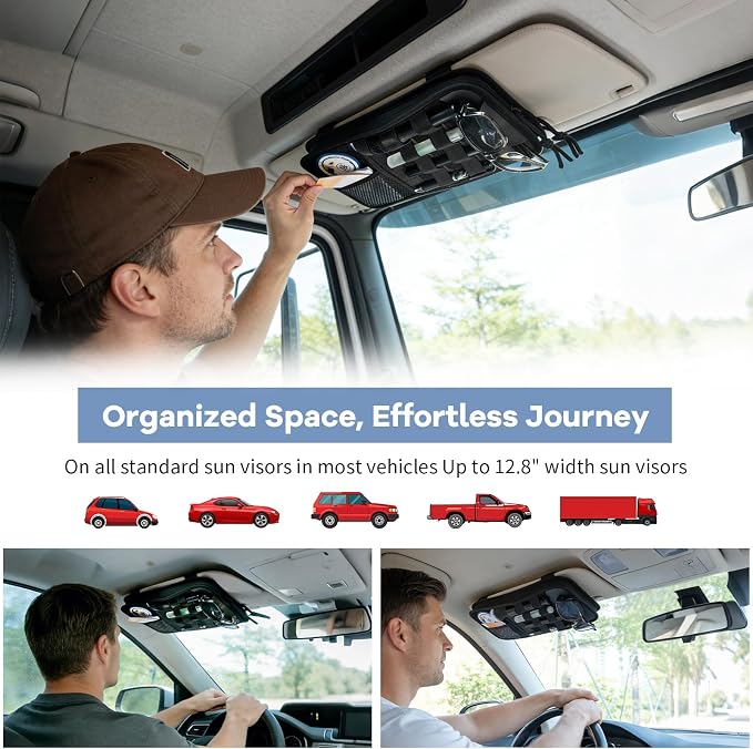 TICARVE Car Sun Visor Organizer, 1000D Nylon MOLLE Pouch with Zipper 2 Pack | Heavy-duty 1000D Nylon Car Sun Visor Organizer, With Zipper Pockets, Elastic Straps and Glasses Clip, for Car SUV Truck