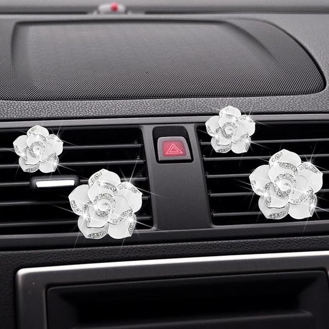 Osilly Bling Car Air Vent Clips, 4PCS/2Set Flower Rhinestone Vehicle Air Outlet Clamp, Sparkly Diamond Automotive Interior Vent Clip Charm Decor Accessories, Universal for SUV Truck RV (White)