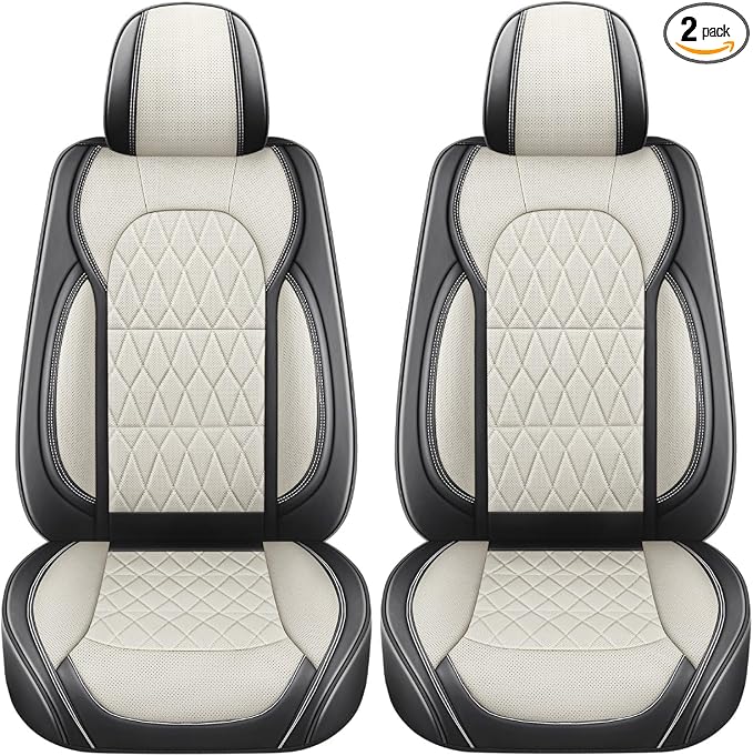 Aierxuan Front Pair Car Seat Covers Anti-Slip Faux Leather, Black-Beige | 360° Coverage Universal Fit Honda Acura Nissan Altima Rogue Honda Accord Hybrid CRV Civic Lexus BMW Audi Infiniti
