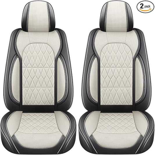 Aierxuan Front Pair Car Seat Covers Anti-Slip Faux Leather, Black-Beige | 360° Coverage Universal Fit Honda Acura Nissan Altima Rogue Honda Accord Hybrid CRV Civic Lexus BMW Audi Infiniti