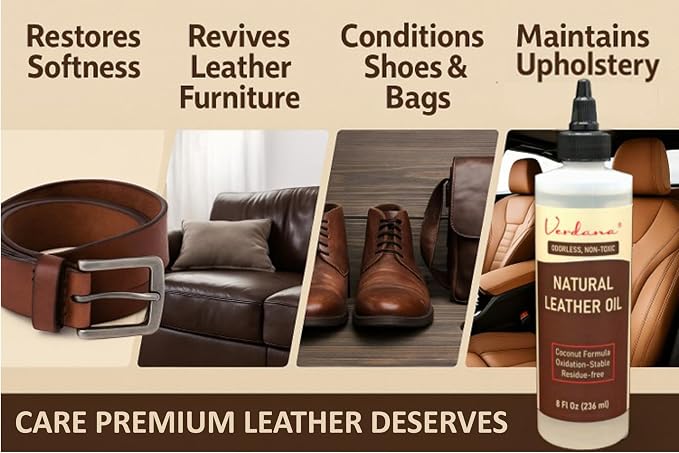 Verdana Leather Conditioner Oil – 8 Fl Oz – Plant-Based, Non-Toxic Leather Conditioner for Couches, Car Seats, Boots, Shoes, Jackets & Purses – Natural, Odorless Conditioning Oil