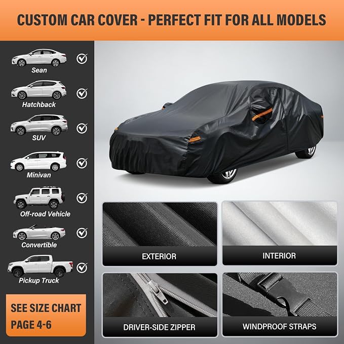 Kayme 10 Layers Car Cover for Automobiles Waterproof All Weather [See Vehicle Size Chart for Accurate Fit] Heavy Duty Full Exterior Cover Outdoor Sun Rain Snow UV Protection. Size A3 (See Size Chart)