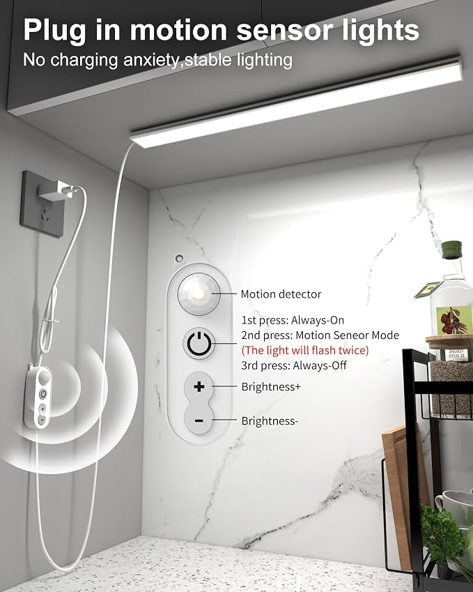 ASOKO 16" Motion Sensor Dimmable Led Under Cabinet Light Cool White | ASOKO 16 Inch Plug in LED Counter Light Bars, 6000K Cool White for Kitchen, Closet, Wardrobe, Shelf & Desk