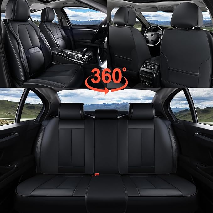 Coverado Car Seat Covers Full Set, Premium Nappa Leather Seat Covers for Car, Waterproof Car Seat Protector with Lumbar Support, Automotive Seat Covers Universal Fit for Most Cars SUV Truck(Black)