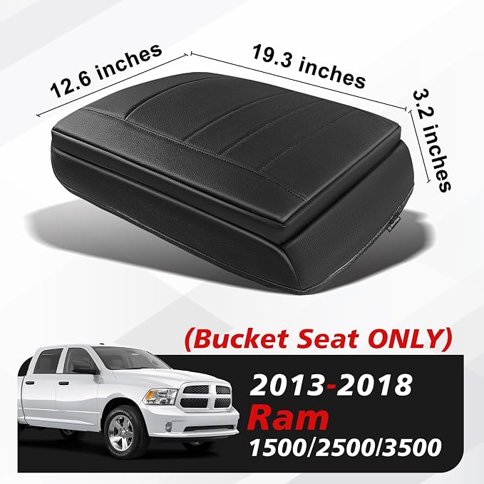 Muslogy Center Console Armrest Cover Fit for Dodge Ram1500/2500/3500 2013-2018 Accessories, Comfort Armrest Pad Console Lid Cushion Vegan Leather 1-Inch Extra Thick(Bucket Seat ONLY)
