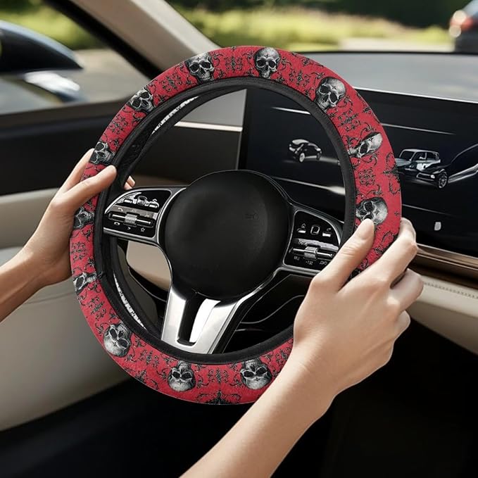 AFPANQZ Car Steering Wheel Covers Sweat Absorption Comfort Grip for Men | Skull Bat Red Print, Halloween Decor, Car SUV Sedans Interior Accessories, Steering Wheel Protection Sweat Absorption