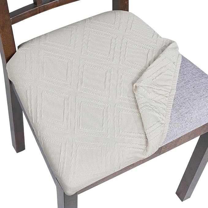 SearchI Waterproof Seat Covers for Dining Room Chairs Stretch Jacquard Chair Seat Covers Set of 6, Removable Washable Kitchen Chair Seat Protector Cushion Slipcovers for Office (Beige Rhombus)