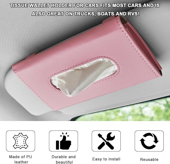 Car Tissue Holder, Vehicle Sun Visor Napkin Box Hanging Paper Towel Dispenser with Tissues Refill, Leather Backseat Paper Towel Case Visor Napkin Storage Holder for Most Cars (Pink)