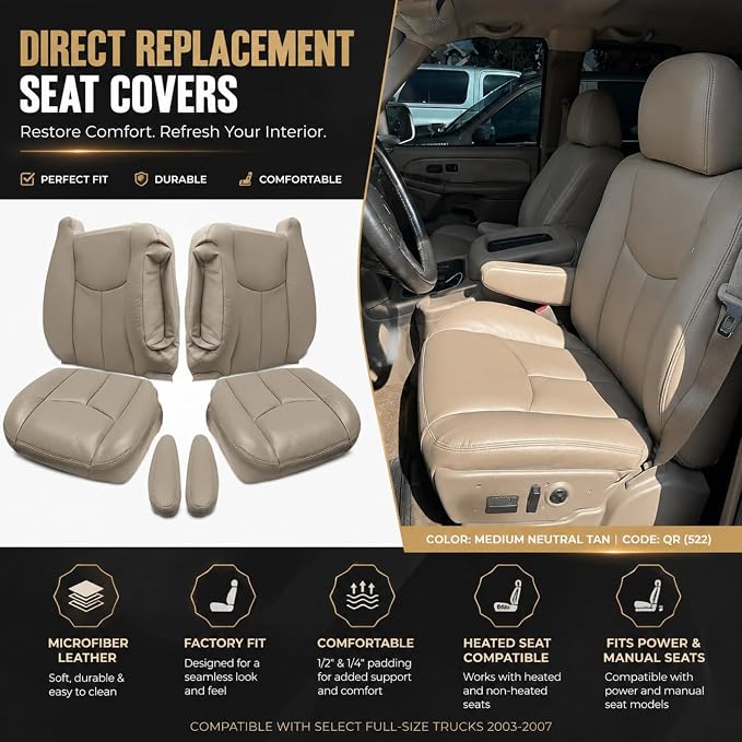 NLQR #522/52i Med Tan Driver & Passenger Bottom & Top Lean Back Replacement Leather Seat Covers & Armrests fit for Chevy Silverado Tahoe Suburban Avalanche GMC Yukon Sierra 1500 2500 3500 HD 2003-2007