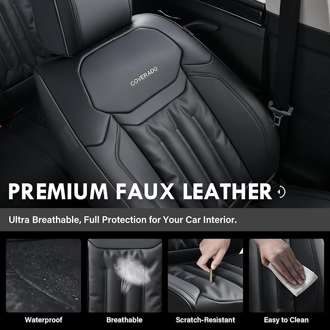 Coverado Front Seat Covers, Luxury Faux Leather Car Seat Protector, Waterproof Seat Covers Seat Cushion, Black Automotive Seat Covers Universal Fit for Most Cars