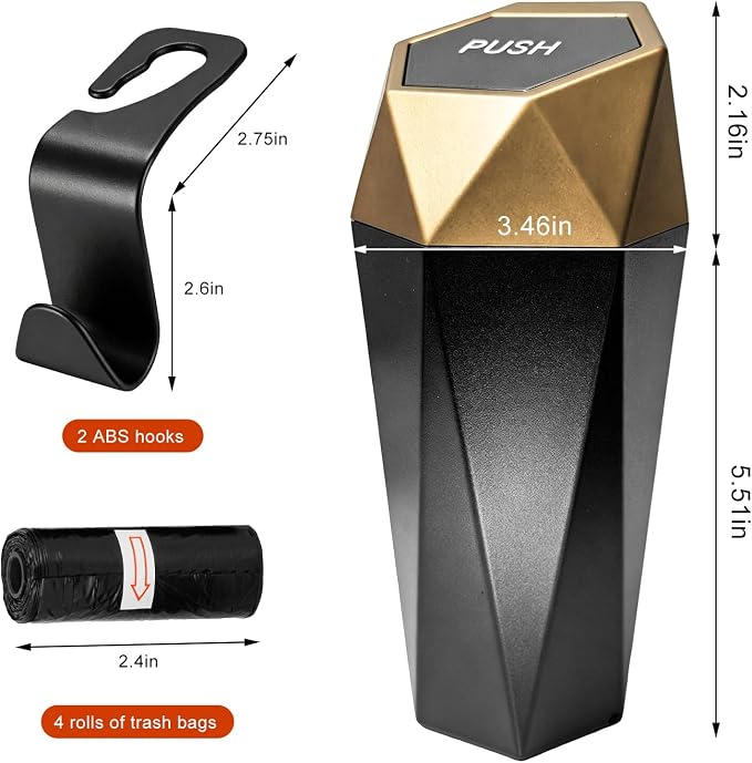 Car Trash Can with Lid, Waterproof Diamond Design Auto Cup Holder Trash Bin, Leakproof Mini Garbage Organizer for Vehicle Home Office Kitchen Bedroom, Car Accessories (Golden)