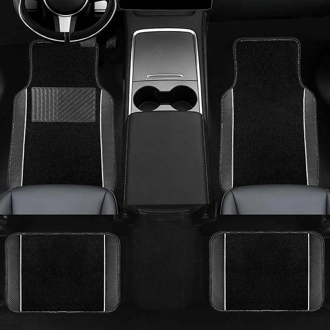 NBTEPEM Waterproof Universal Fit Car Floor Mats, Faux Leather Sporty Car Carpet Mats with Anti-Slip Nibbs Backing & Driver Heel Pad Fit for SUV, Vans, Sedans, Trucks, Set of 4 (Black with White line)