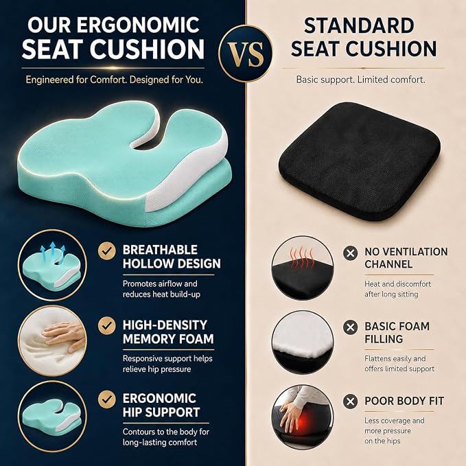 Memory Foam Ergonomic Seat Cushion for Office Chairs Pain Relief | Suitable for prolonged sitting, relieves tailbone pain, fits office chairs, wheelchairs, car seats and computer desk chairs