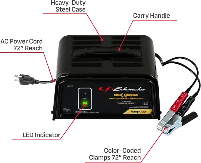 Schumacher Electric 6A Car Battery Charger and Maintainer, 3-in-1 Solution, for 6V/12V Power Sport, Automotive, and Marine Batteries, SC1320