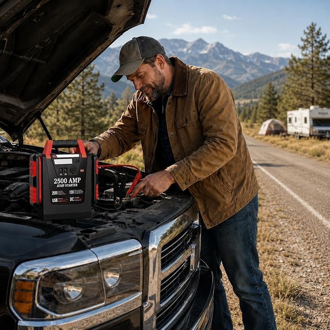 Jump Starter with Air Compressor,2500A Car Battery Jumper Starter 150 PSI Tire Inflator,6 in 1 Auto Lead-Acid Battery Booster Jump Starter for Up to 10.0L Gas or 8.0L Diesel with LED Light