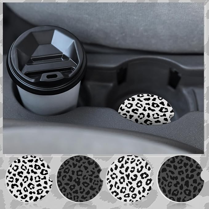 Boao 4 Pcs Leopard Car Cupholder Coasters for Valentine's Day, Ceramic Coasters 2.56'' Anti Slip Base with Finger Notch for Dry Clean, Car Interior Accessories, Birthday Gifts