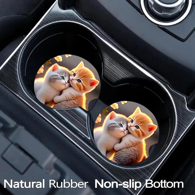 2 PCS Two Cat Car Cup Holder Coasters Universal Neoprene Coasters | 2.75" Universal Size Anti Slip Rubber Mat, Auto Cup Holder Accessories for SUV Truck, Gifts for Cat Lovers Women Men Mom