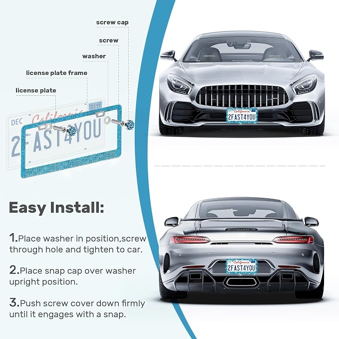 QUANQIUFEI 2 Pack Bling License Plate Frames, Sparkly Rhinestone Diamond Car License Plate Cover for Women, Stainless Steel Car Accessories with Glitter Crystal Caps (Blue Zircon)