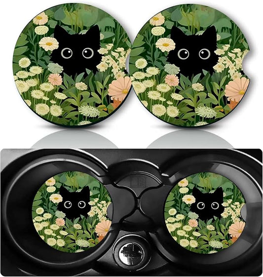 2Pcs Black Cats Car Coasters,2.75" Neoprene Cars Cup Holder Coasters | Universal Non‑Slip Mat, Drink Coaster Decor Auto Accessories Rubber Gifts for Cats Loves Women,Men,Mom