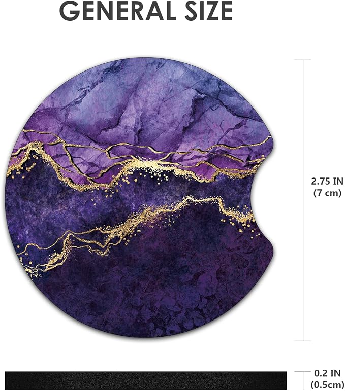 2 Pack Car Coasters，2.75-inch Neoprene Non-Slip Cup Holder Coasters for Car，Cute Car Interior Accessories for Men and Women，Purple Marble