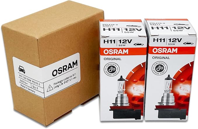 OSRAM H11 OEM Original Standard Halogen Headlight Bulbs 12V 55W 64211L+ (Long Life) Made in Germany | Pack of 2 | Long Life, 3200K, 12V, 55W, PGJ19-2 Base, Made in Germany