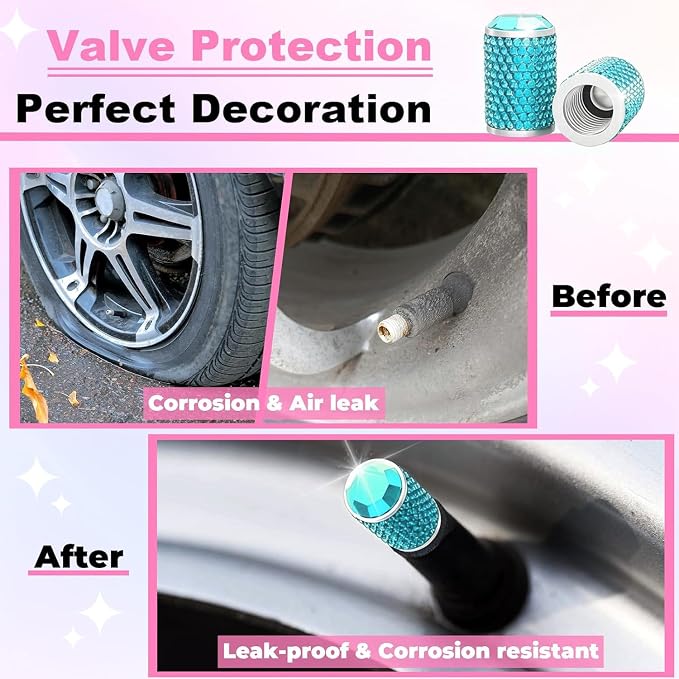4Pcs Car Tire Valve Stem Caps, Bling Tire Air Cap for Car, Universal Stem Covers, Anodized Aluminum Tires Valve Cap with O Rubber Ring, Crystal Diamond Car Accessories for Women