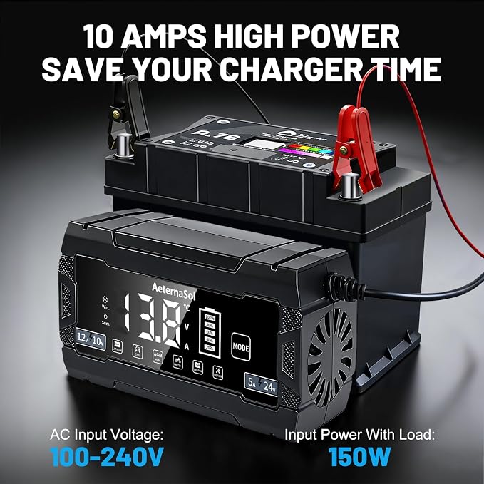 10A Smart Battery Charger 12V/24V, 10-Stage Car Battery Charger Automotive, Trickle Charger Maintainer with Pulse Repair for Truck, Motorcycle, Battery Desulfator with Temperature Compensation (Black)
