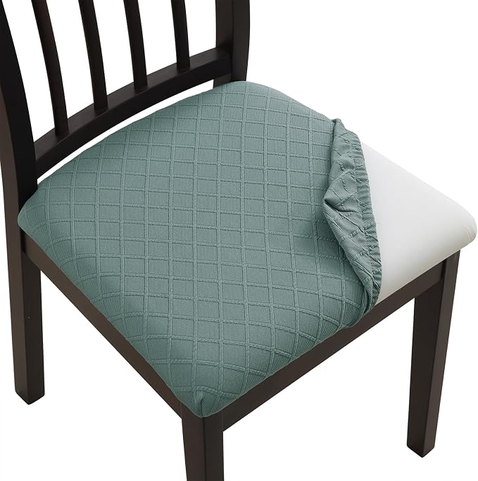 Fuloon Waterproof Seat Cushion Covers 6 PCS, Stretch Jacquard Chair Seat Covers Washable Dining Room Chair Slipcovers Removable Kitchen Cushion Protector (6, Waterproof-Dark Green)