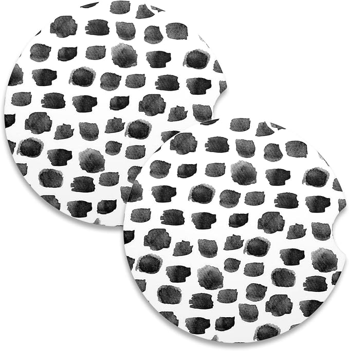 Nipichsha Car Coaster for Cup Holders, 2 Pack Absorbent Ceramic Car Cup Holder Coaster for Drinks, Cute Auto Assecories for Women, Size 2.56 in with Finger Notch & Cork Base, White Black Wave Point