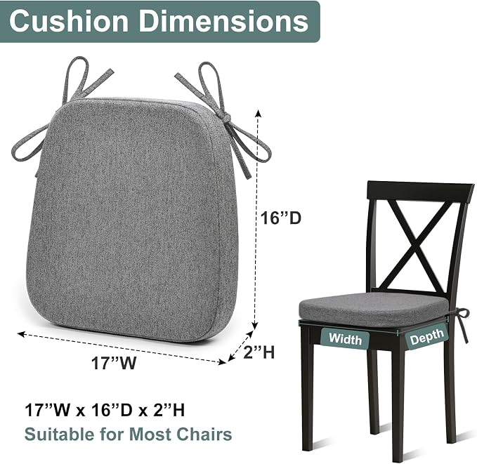 Shinnwa Kitchen Chair Cushions Set of 4, Patented Design Memory Foam Dining Chair Pads with Ties and Washable Cover, 4 Pack, 17" x 16" x 2", Dark Grey
