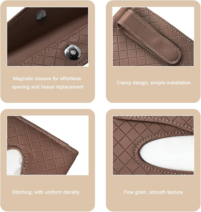 Car Tissue Holder, Auto Sun Visor Napkin Holder Hanging Paper Towel Dispenser with Tissue Refill, Easy Access Leather Paper Towel Storage Case for Most Vehicle Visors (Brown)