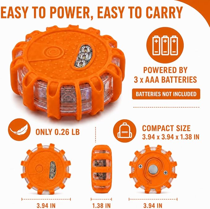 Huyumpxy LED Road Flares Emergency Lights, 9 Flashing Modes Roadside Safety Warning Light with Magnetic Base & Built-in Hook, Battery Powered Safety Beacon for Car, Truck, Motorcycle, Camping, 1 Pack