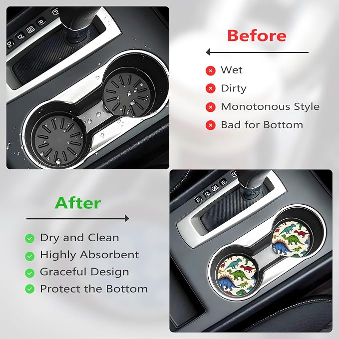 Ceramic Car Cup Coasters 2PCS - Colorful Dinosaur | with Cork Back & Finger Slot, Anti-Slip Shock Absorbing, Universal Car Interior Accessories for Men Women