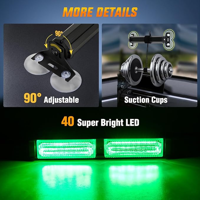 Nilight 40LED Green Emergency Strobe Traffic Advisor Light Bar with Suction Cups Dash Safety Warning Hazard Flashing Lights Interior Front/Rear Windshield for Trucks Construction Vehicles