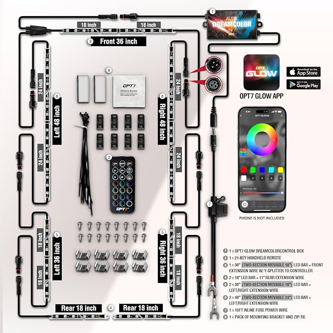 OPT7 Aura DreamColor Underglow Chasing Lights for RV with APP & Remote | Waterproof Aluminum Frame, RGB-IC LED Light Bar, Exterior RV Accent Lighting, Outdoor Camper Decor, Music Sync