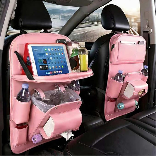 Car Backseat Organizer with Foldable Table Tray, PU Leather Seat Back Organizer with Trash Bin, Tablet Holder, Kick Mat Protector, Back Seat Storage for Cars, Pink