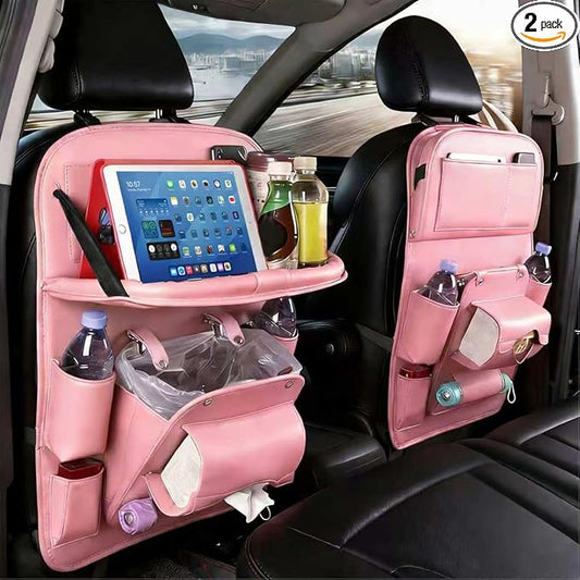 2 Pack Car Backseat Organizer with Foldable Table Tray, PU Leather Seat Back Organizer with Trash Bin, Tablet Holder, Kick Mat Protector, Back Seat Storage for Cars, Pink