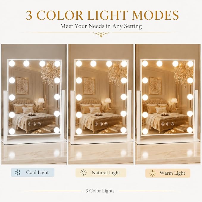 FENNIO Vertical Hollywood Vanity Mirror with Lights, 13" x 16.1" Lighted Makeup Mirror with 12 Dimmable LED Bulbs, 3 Color Lights, Touch Control, Tabletop Vanity Mirror for Makeup Desk, White