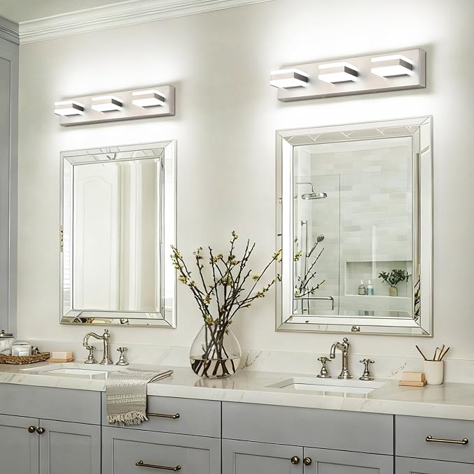 SOLFART Vanity Lighting Over Mirror, 3 Lights Brushed Nickel Bathroom Light, Modern LED Light Fixtures, 5 Color Temperature Adjustable Modern Light for Bathroom ETL Listed