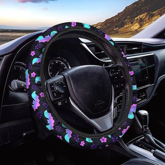 AFPANQZ Halloween Steering Wheel Cover for Cars Universal Fit 14 to 15 inch | Bat Flower Print, Universal Stretch-on Fabric, Keep Warm Steering Wheel Protector for Women