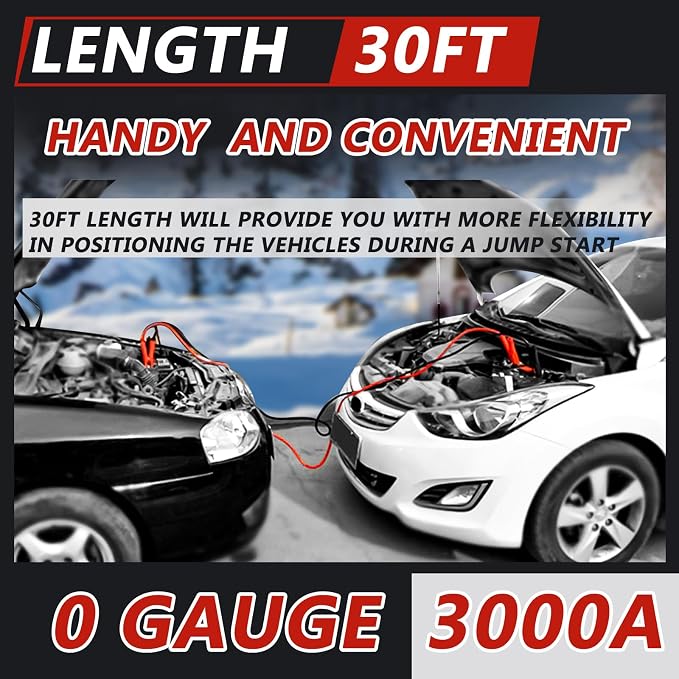 0 Gauge 30FT Jumper Cables, Commercial Grade Automotive Booster Cables for Jump Starting Dead or Weak Batteries, Heavy Duty Booster Cable for Car Van Truck,With Storage Bag & Gloves