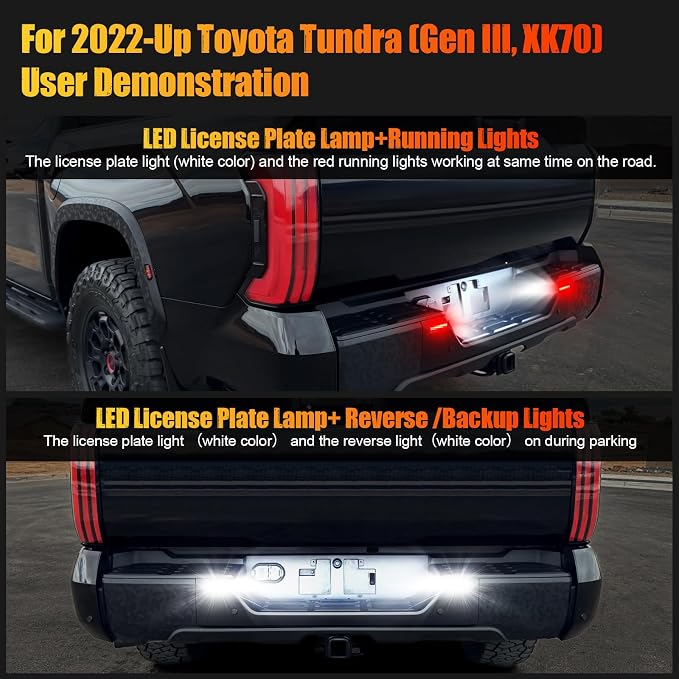 R&F Auto LED License Plate Lamps 3 in 1 tag lights for 2022-2026 T'oyota Tundra (Gen III, XK70), License Plate Lamp and Reverse/Back up/Running Lights' function included