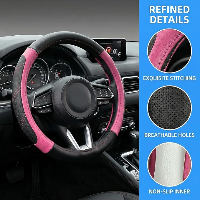 Osilly Car Steering Wheel Cover, 14.5-15" Leather Breathable Anti-Slip Stylish Steering Wheel Protector, Comfortable Auto Interior Decoration Accessories, Universal for SUV Van Truck (Black Pink)